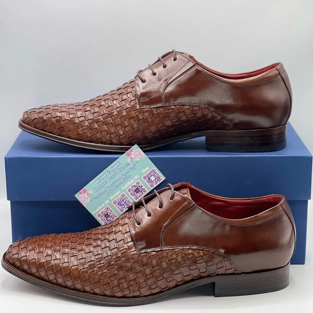 MASSIMO MATTEO WOVEN BROWN LEATHER‎ LACE-UP MOC TOE WINGTIP SHOE (SIZE 9.5)